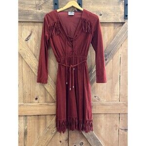 VINTAGE 70'S Jackie O! Native Inspired Velvet Terracotta Hippy Fringe Dress Sz 7